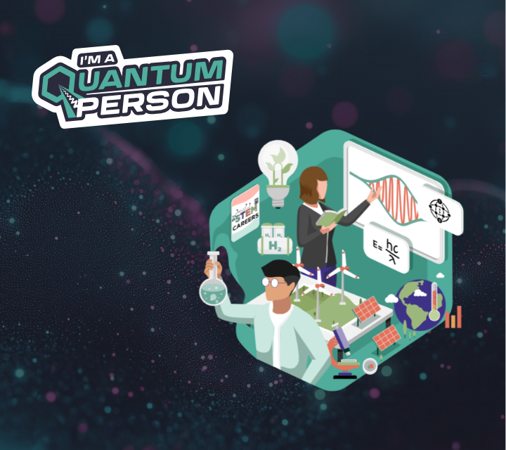 I'm a Quantum Person logo and illustration of two scientists, by Greensplash Design for Imperial College London