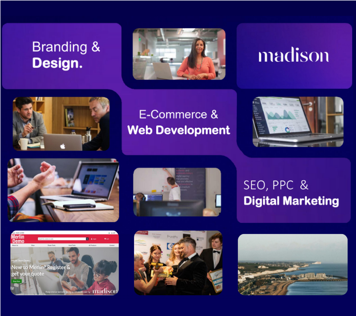 Madison Web Solutions collage: team at work, a Merlin ERP demo web shop, service titles and the Sussex coast